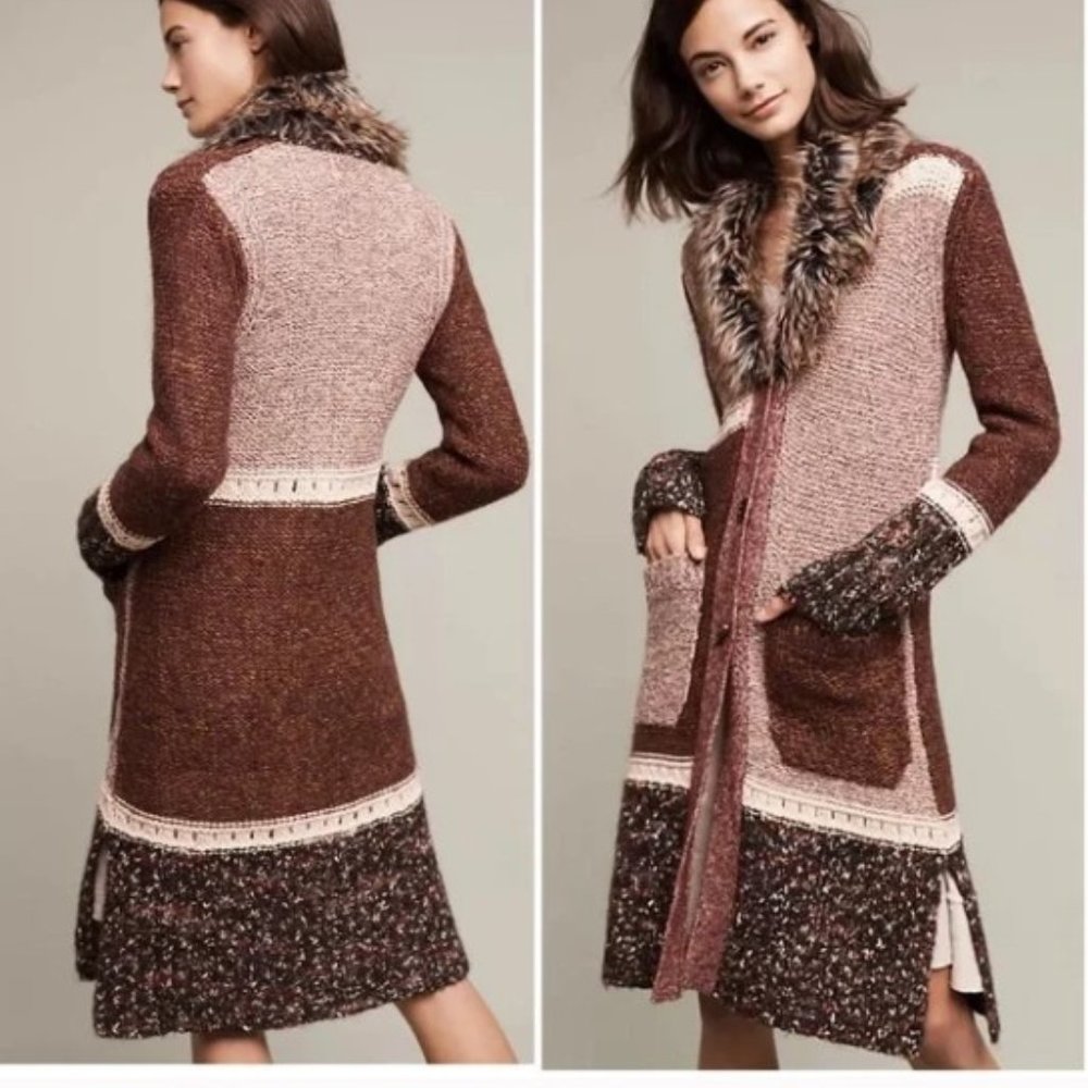 Anthropologie Angel of the North Sitka Long Cardigan Removable Faux Fur Small